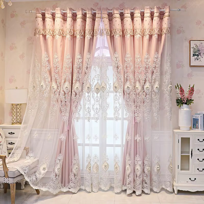 Rideaux double couche de style européen pour salon, gaze de tissu violet intégrée pour chambre à cou