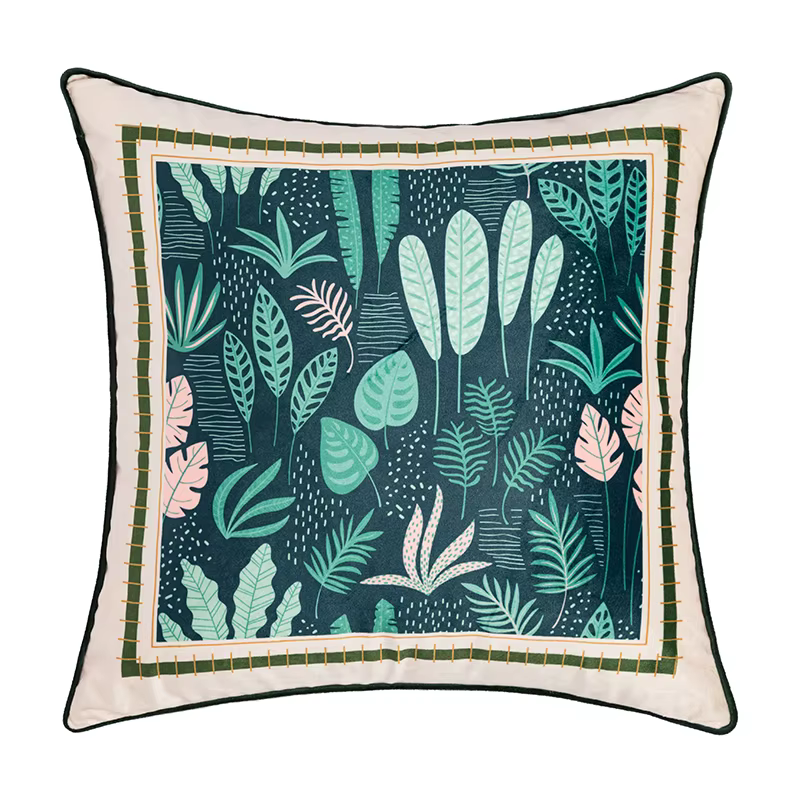 Housse de coussin en velours 45x45cm, taie d'oreiller douce, feuilles vertes, imprimé mousse, décora