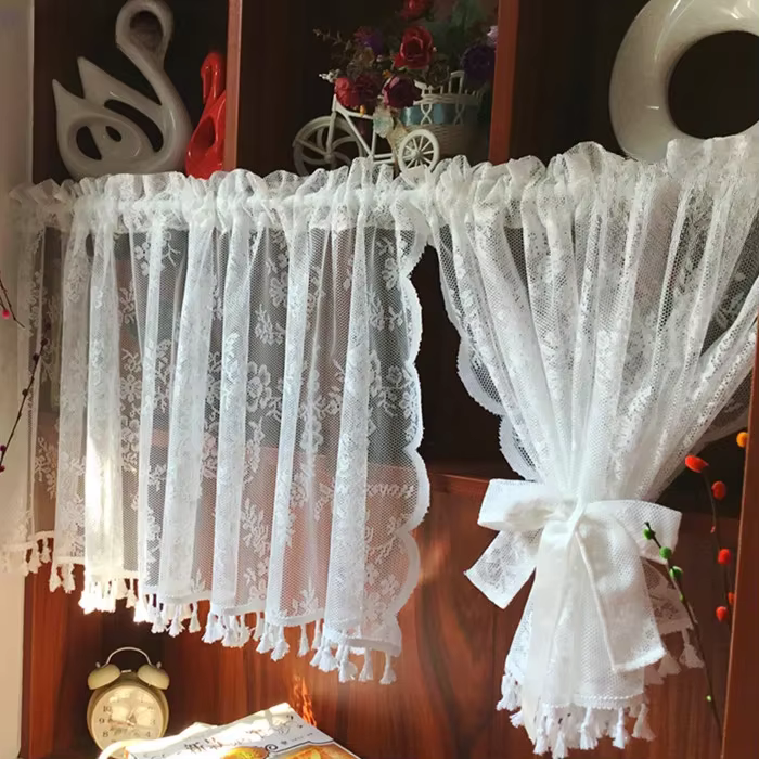 Rideaux courts en tulle pour la cuisine, fini blanc flottant, en fil transparent, poche pour armoire
