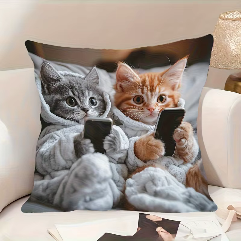 Housse de coussin chat dessin animé mignon, 1 pièce, taie d'oreiller imprimée Simple, décoration cré