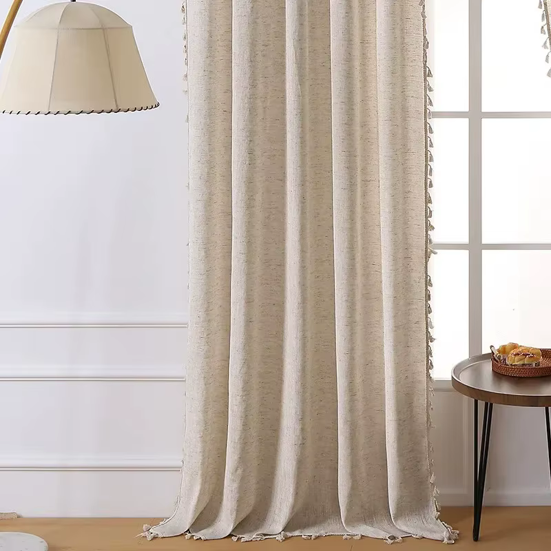 Rideau à pampilles beiges pour fenêtres florales Boho, mélange de coton et de lin Vintage pour chamb