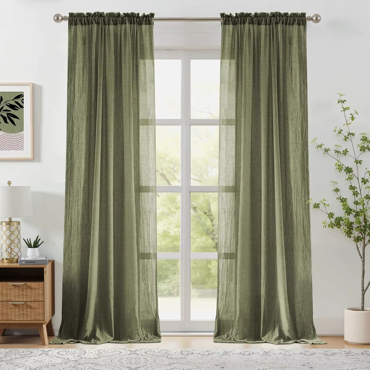 Voilages vert sauge pour chambre et salon, en coton et lin naturel, filtrant la lumière, rideaux lég