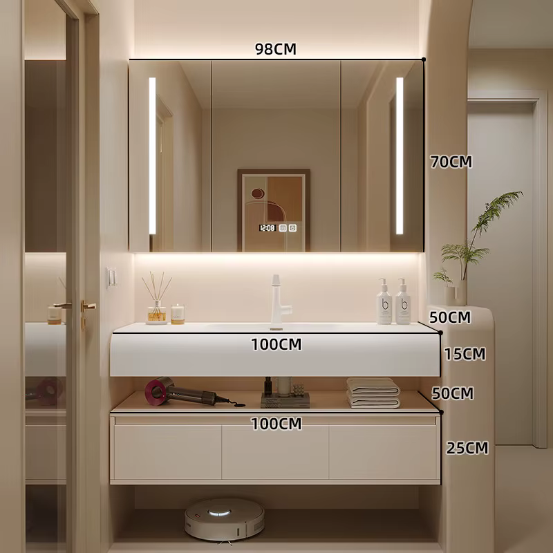 Meuble de salle de bain crème en Corian importé, unité de salle de bain intégrée avec robot aspirate