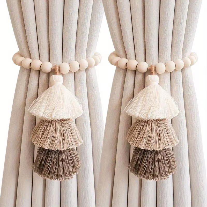 Attaches de rideaux de ferme bohème, 2 pièces, attaches de rideaux en perles de bois faites à la mai