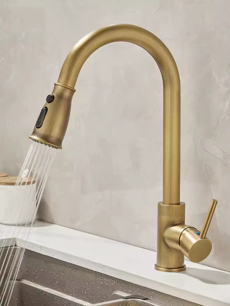 Robinet de cuisine antique en laiton avec bec extractible et rotatif, mitigeur eau chaude et froide