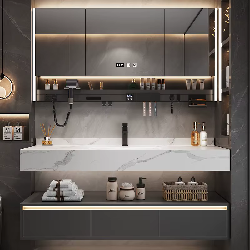 Combinaison de vanité de salle de bain avec dalle pliée à chaud, lavabo intégré, lavabo de toilette,