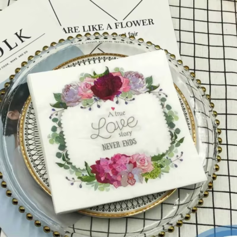 Serviettes de table en papier imprimées colorées, napperons carrés, fleurs d'amour, fête de mariage,