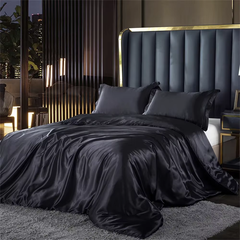 Parure de lit en soie unie, avec housse de couette, drap et taies d'oreiller, de luxe, en Satin, sim
