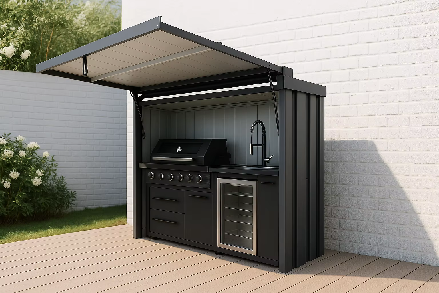 Nouvelle île de cuisine extérieure moderne en acier inoxydable avec armoires noires personnalisables