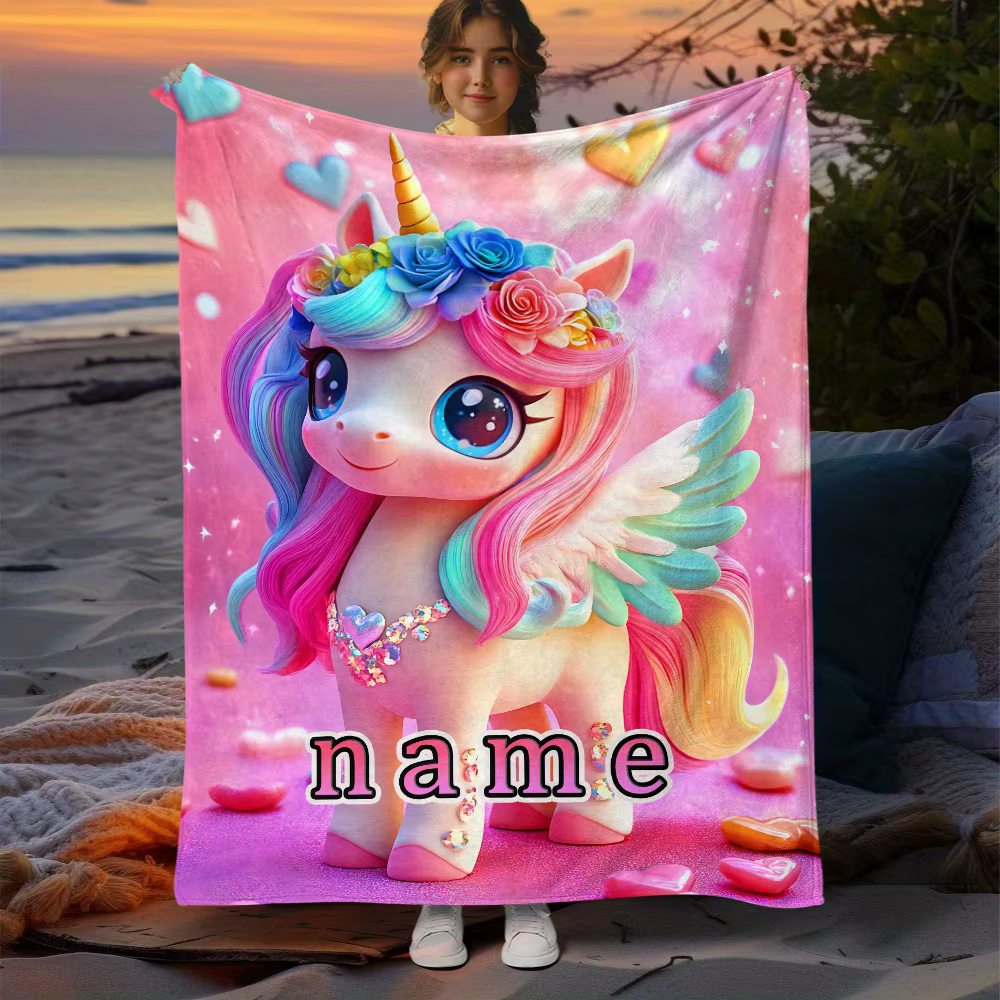 Couverture licorne personnalisable avec crinière arc-en-ciel scintillante, couverture en flanelle ro