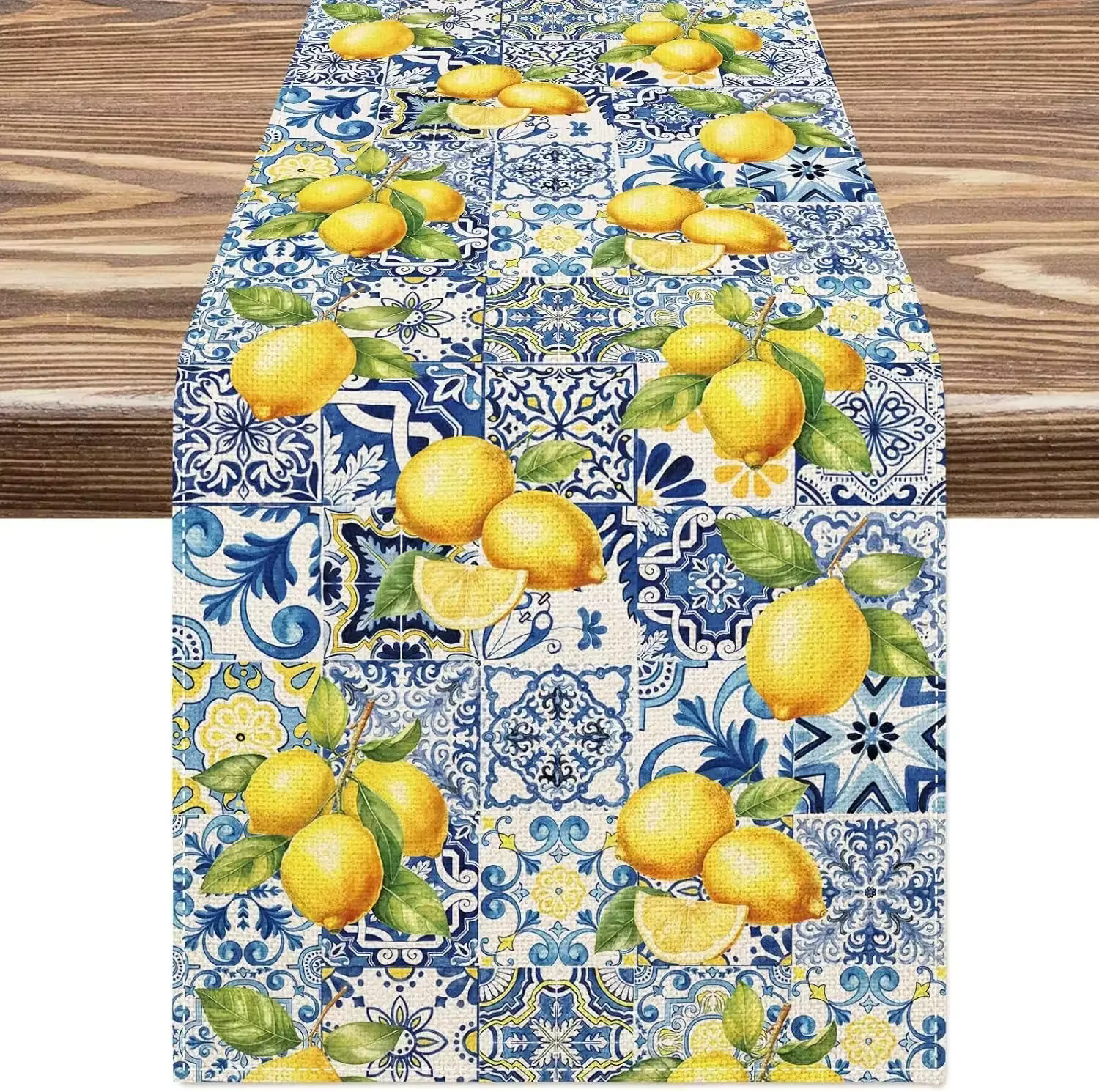 Chemin de Table lavable en lin bleu jaune citron, décor pour ferme, cuisine, salle à manger, décor d