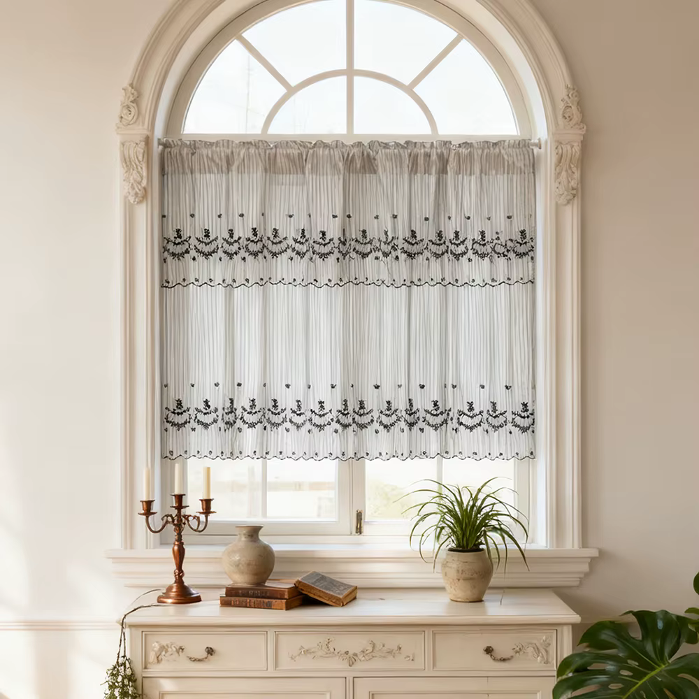 Rideau court Double couche à rayures verticales Vintage avec fleurs brodées, pour fenêtre de cuisine