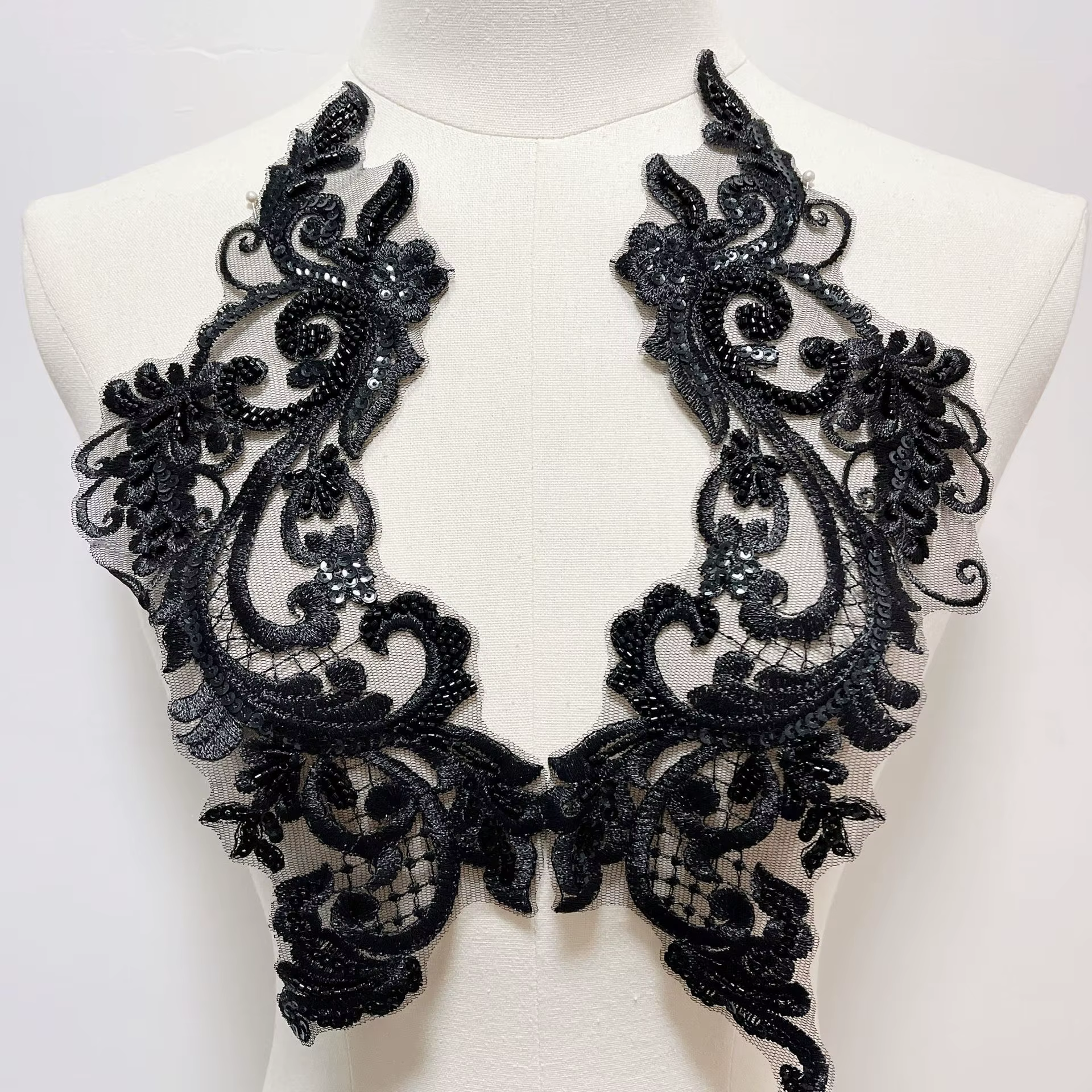 1 paire d'appliques en dentelle plate noire perlée, broderie en maille, pour robe de mariée, coiffe,