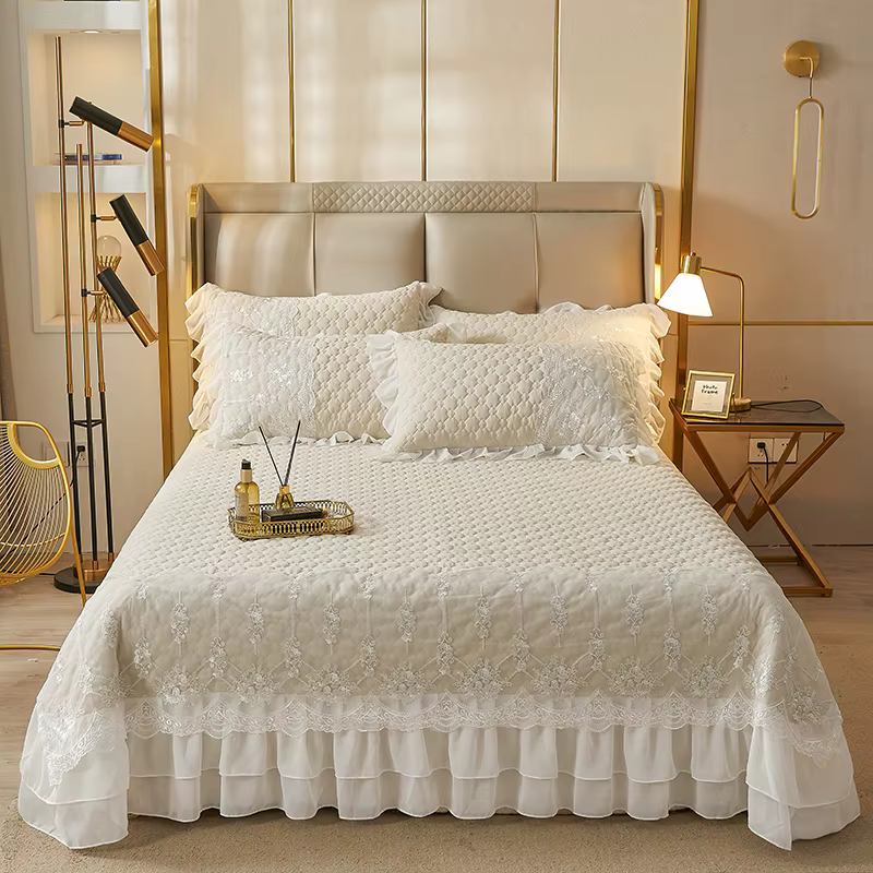 Jupe de lit en dentelle matelassée épaisse de couleur unie, Style européen 245x250cm, couvre-lit, li