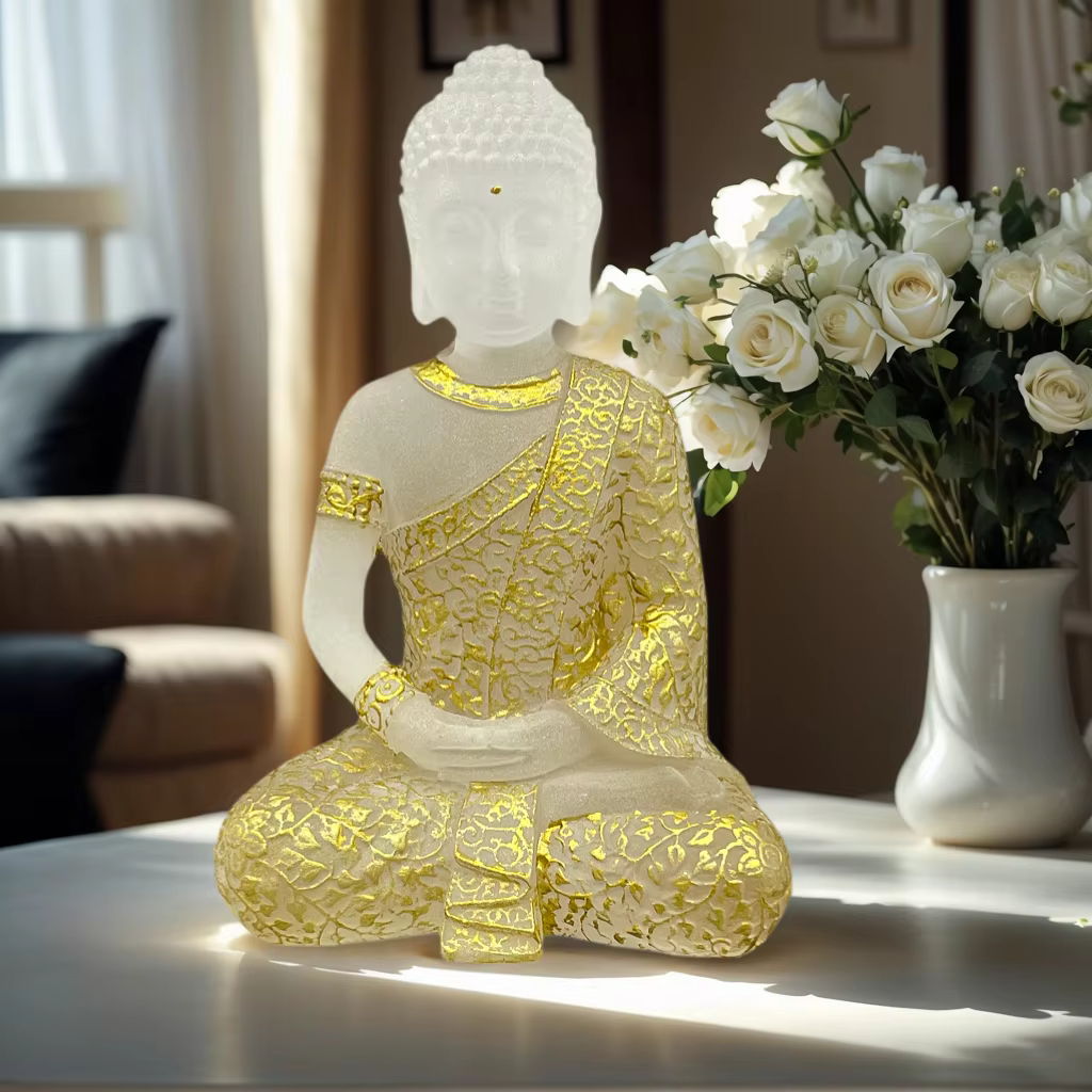 Nouvelle Statue de Bouddha en Verre Blanc Orné de Décorations Dorées, Style Zen Chinois, pour Décora