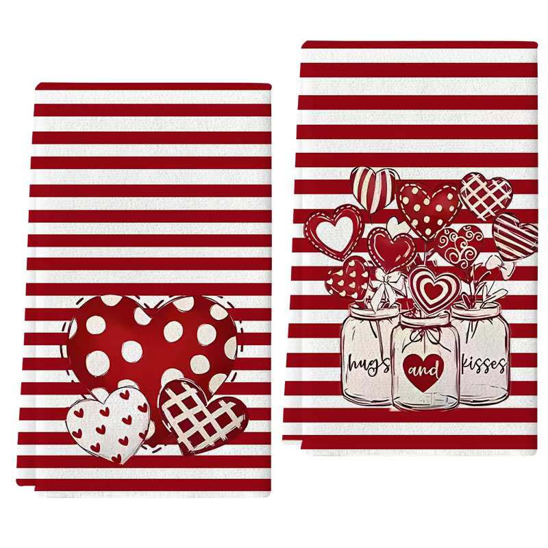 Lot de 2 serviettes de cuisine à rayures rouges et blanches et à pois en forme de cœur pour la Saint