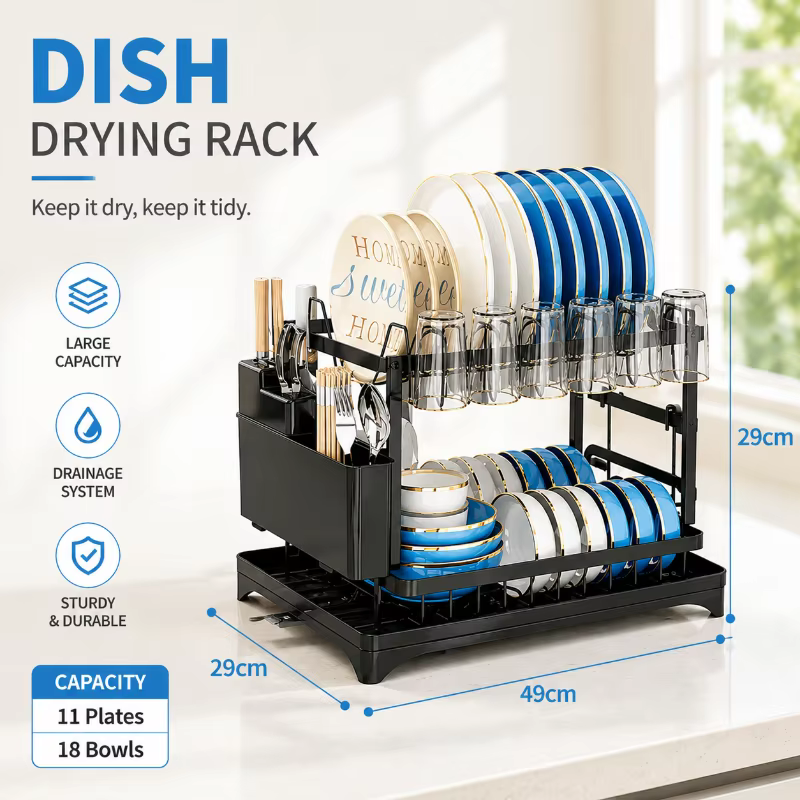 Égouttoir à vaisselle à 2 niveaux pour cuisine, design antirouille et plateau de drainage, support d