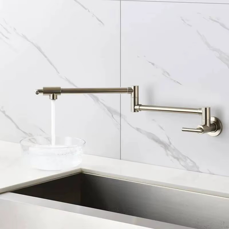 Robinet de cuisine mural doré brossé, mitigeur d'eau froide gris, avec bec rotatif et pliable pour r