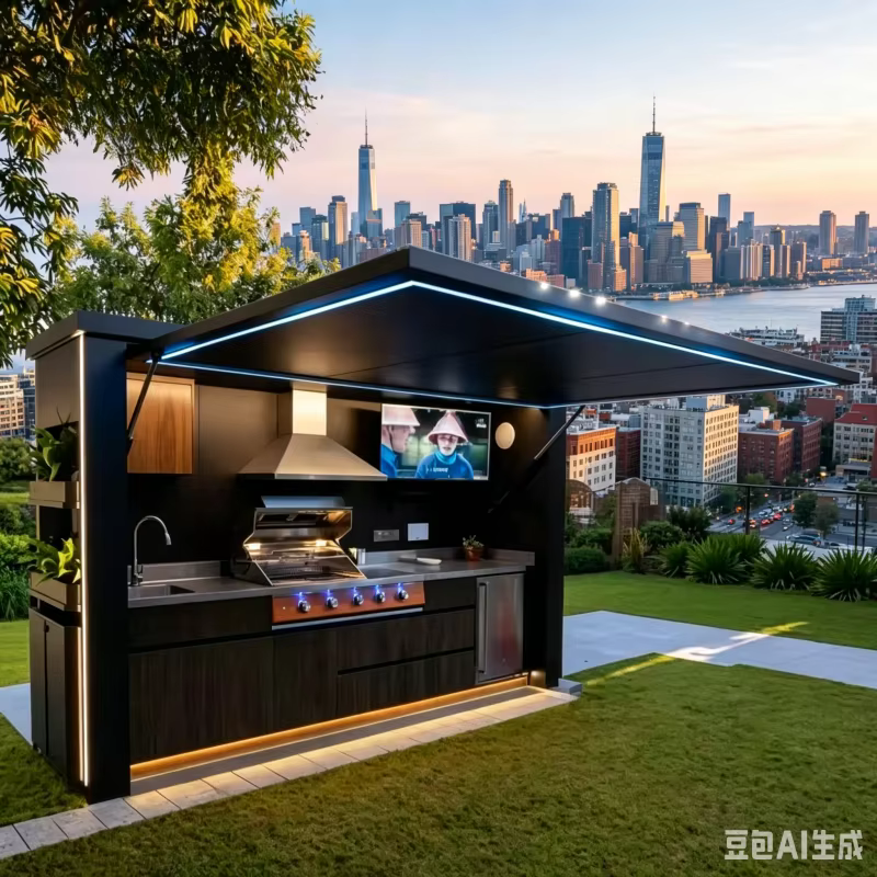 Pavillon de cuisine extérieur modulaire personnalisé, résistant aux intempéries, avec barbecue en ac