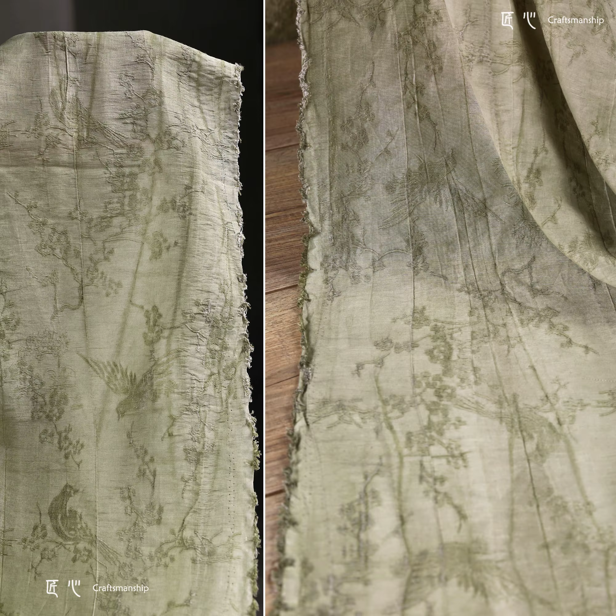 Vert sauge Vintage fleur de prunier oiseau teint Jacquard lin-coton texturé tissu artistique Style c