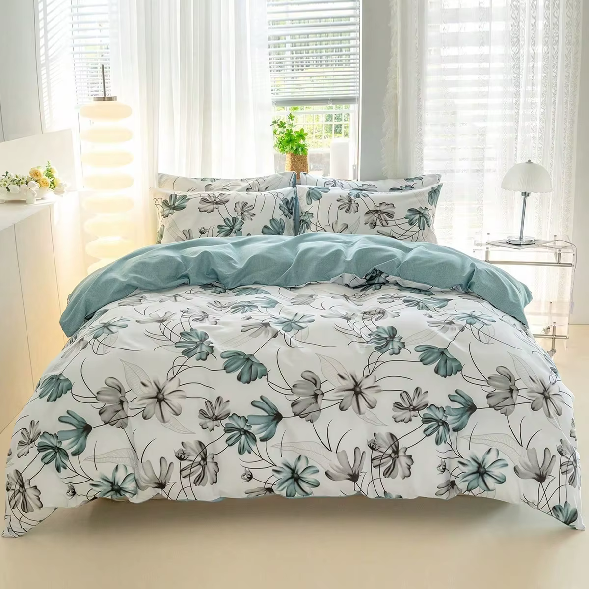 Ensemble de 3 housses de couette élégantes à motifs floraux gris turquoise, douces et respirantes, u