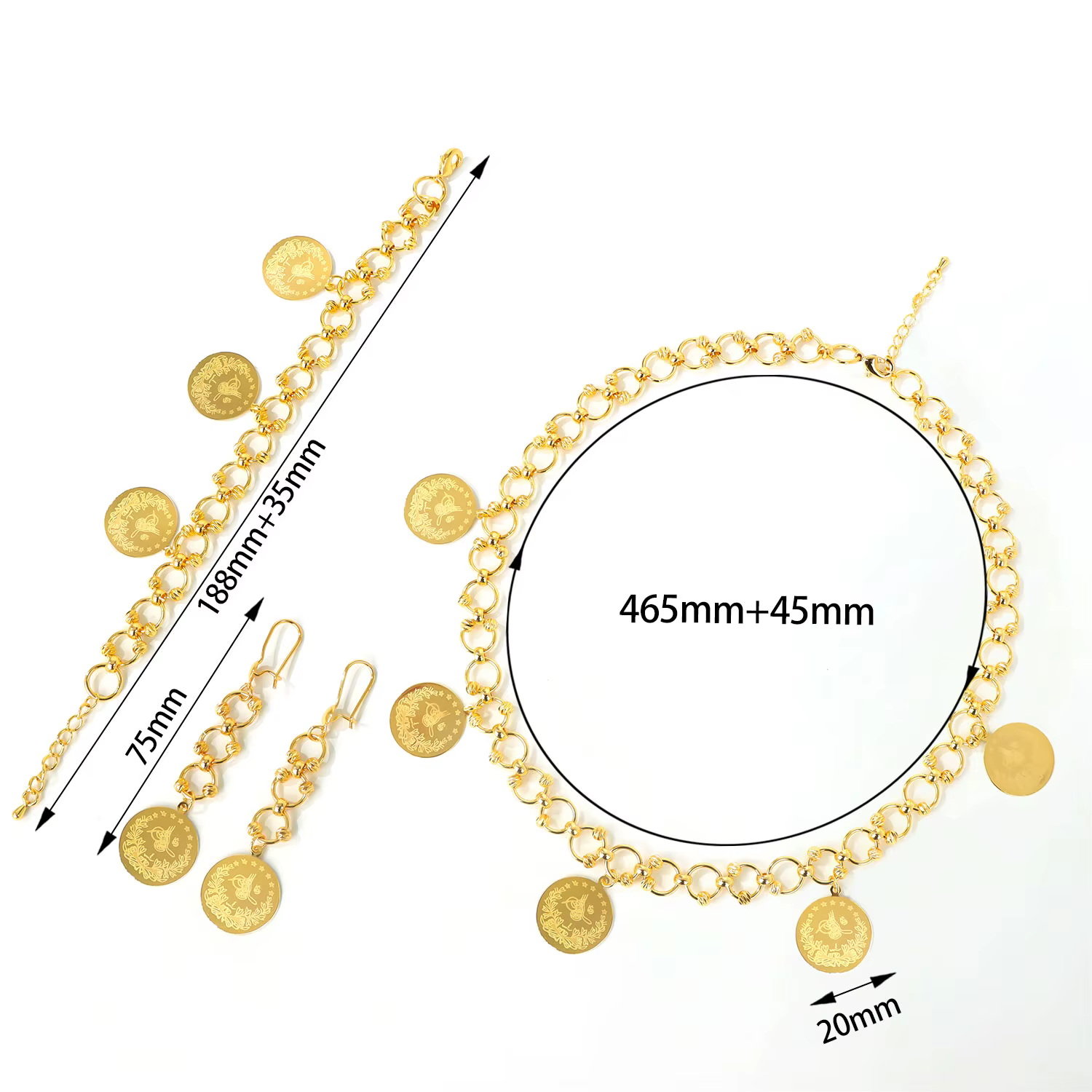 Ensemble de bijoux en pièces de monnaie turques plaqué or 24 carats, collier, bracelet et boucles d'