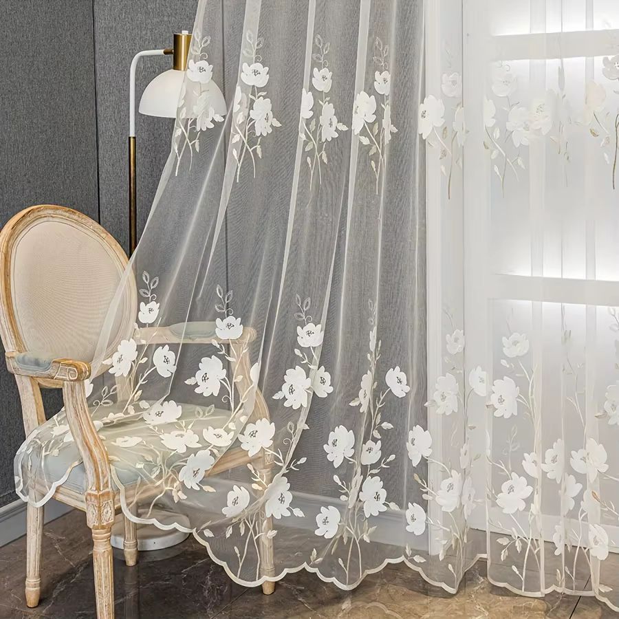 Rideau transparent moderne de luxe brodé de fleurs, pour salon et chambre, pare-soleil, protection U