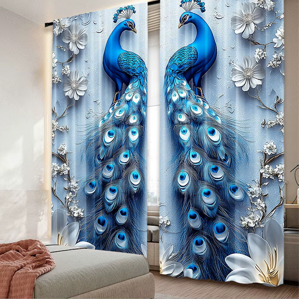 Rideau gothique paon bleu, 2 pièces, décoration élégante pour salon, chambre à coucher, bureau, cuis