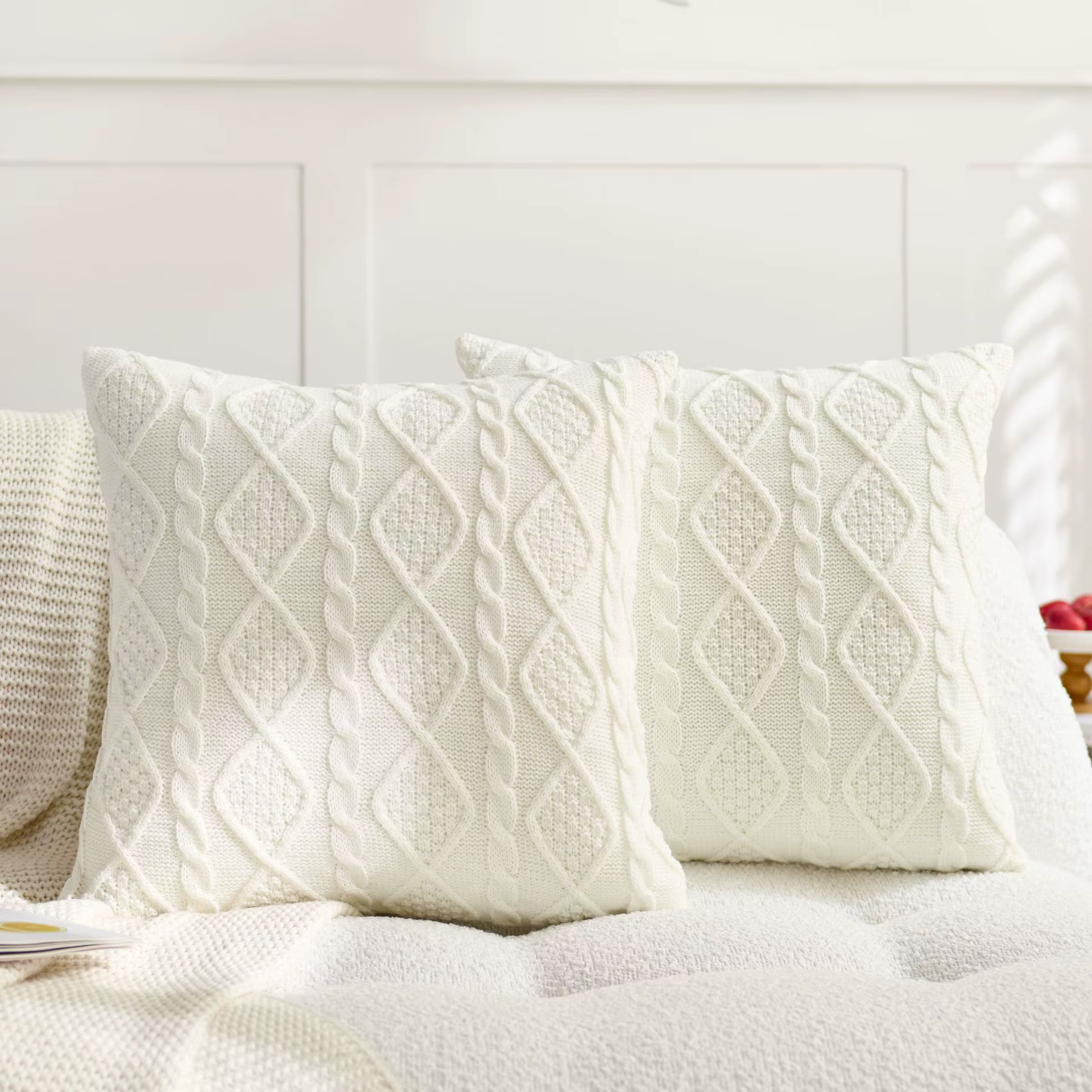 Housse de coussin tricotée unie 2 pièces, motif géométrique losanges, taie d'oreiller moderne pour c