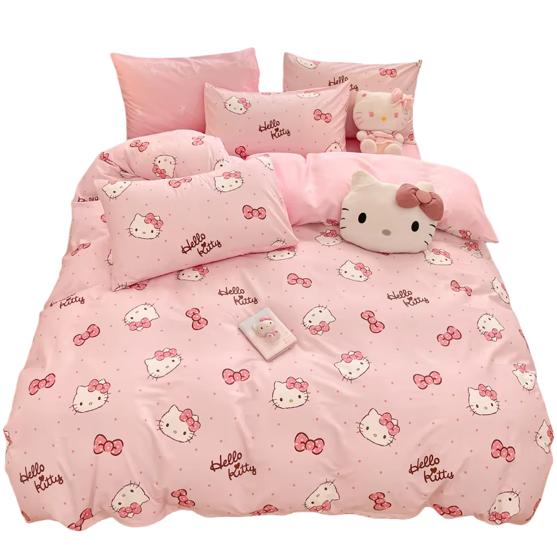 Nouvel ensemble de literie Anime H-Hello Kitty, housse de couette rose mignonne avec nœud pour enfan