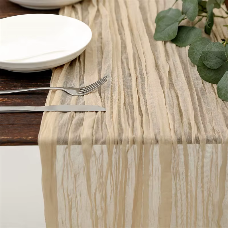 Chemin de table beige en gaze rustique, longs chemins de table en tissu transparent pour mariage, fê