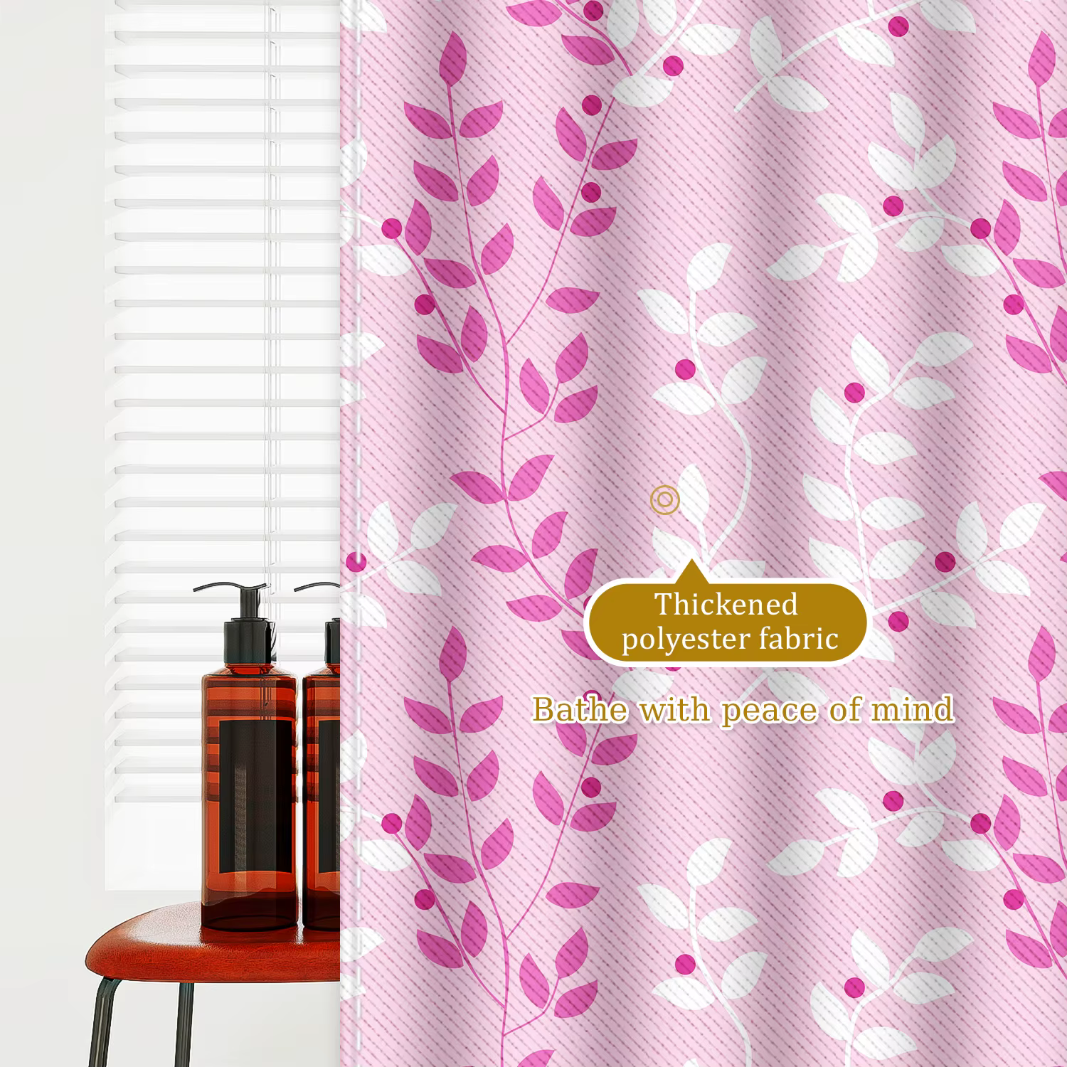 Rideau de douche à feuillage rose pastel - Tissu durable féminin pour vibrations fraîches