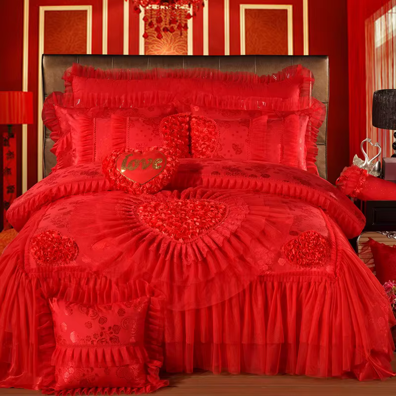 Ensemble de literie en coton satin jacquard rouge