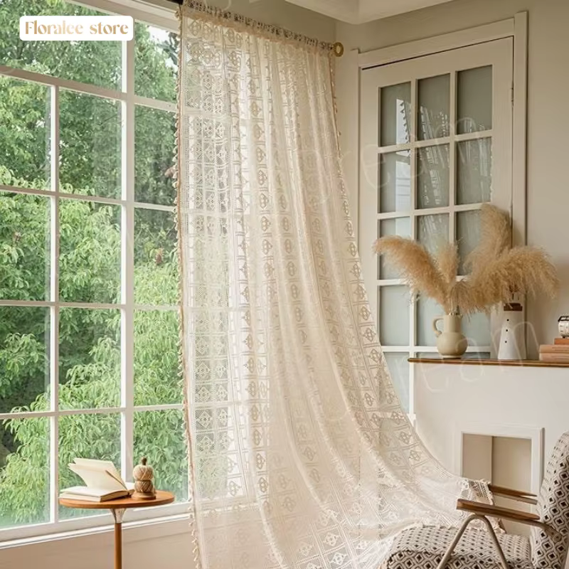 Rideau de fenêtre semi-occultant Boho avec pompon