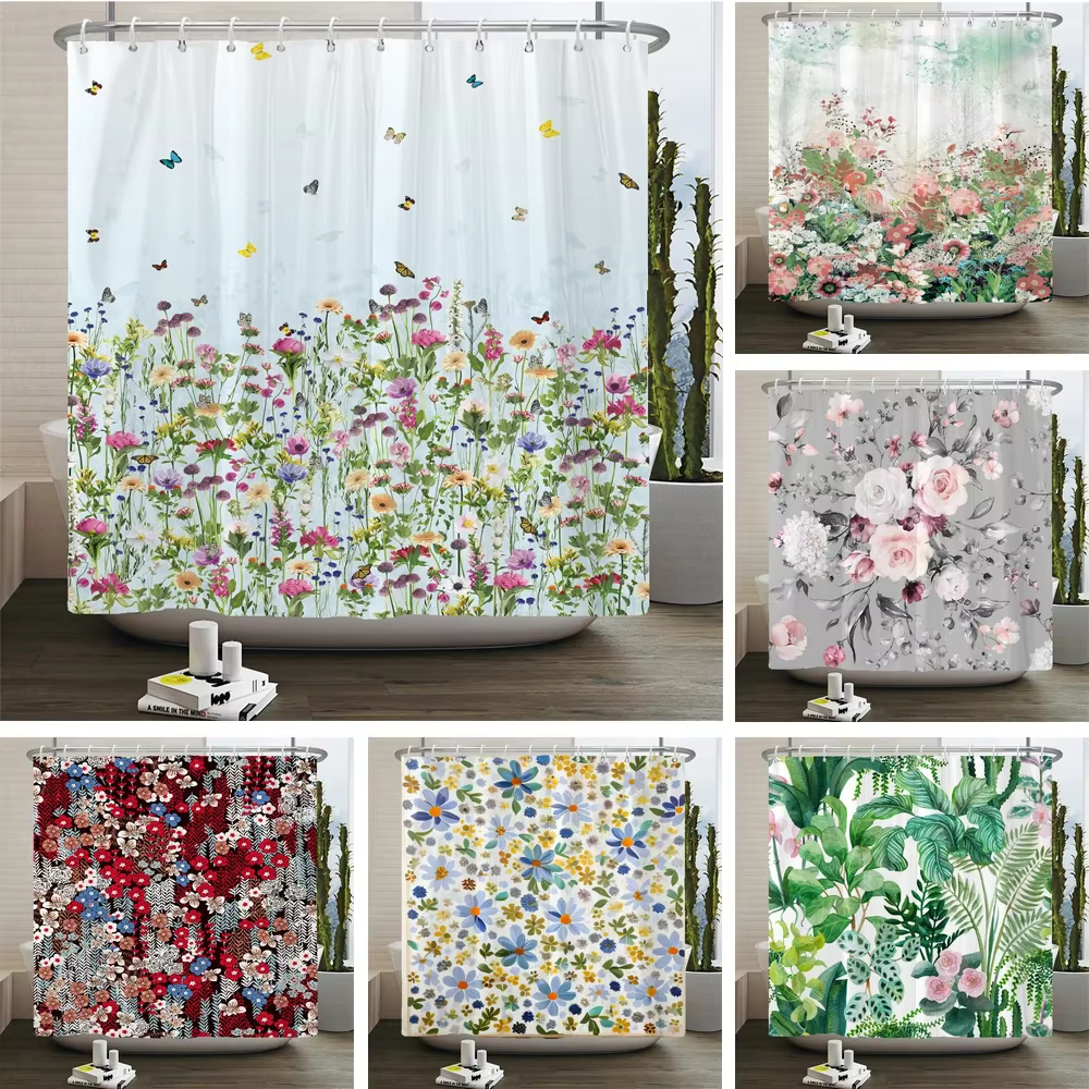 Rideau de douche floral en polyester avec crochets