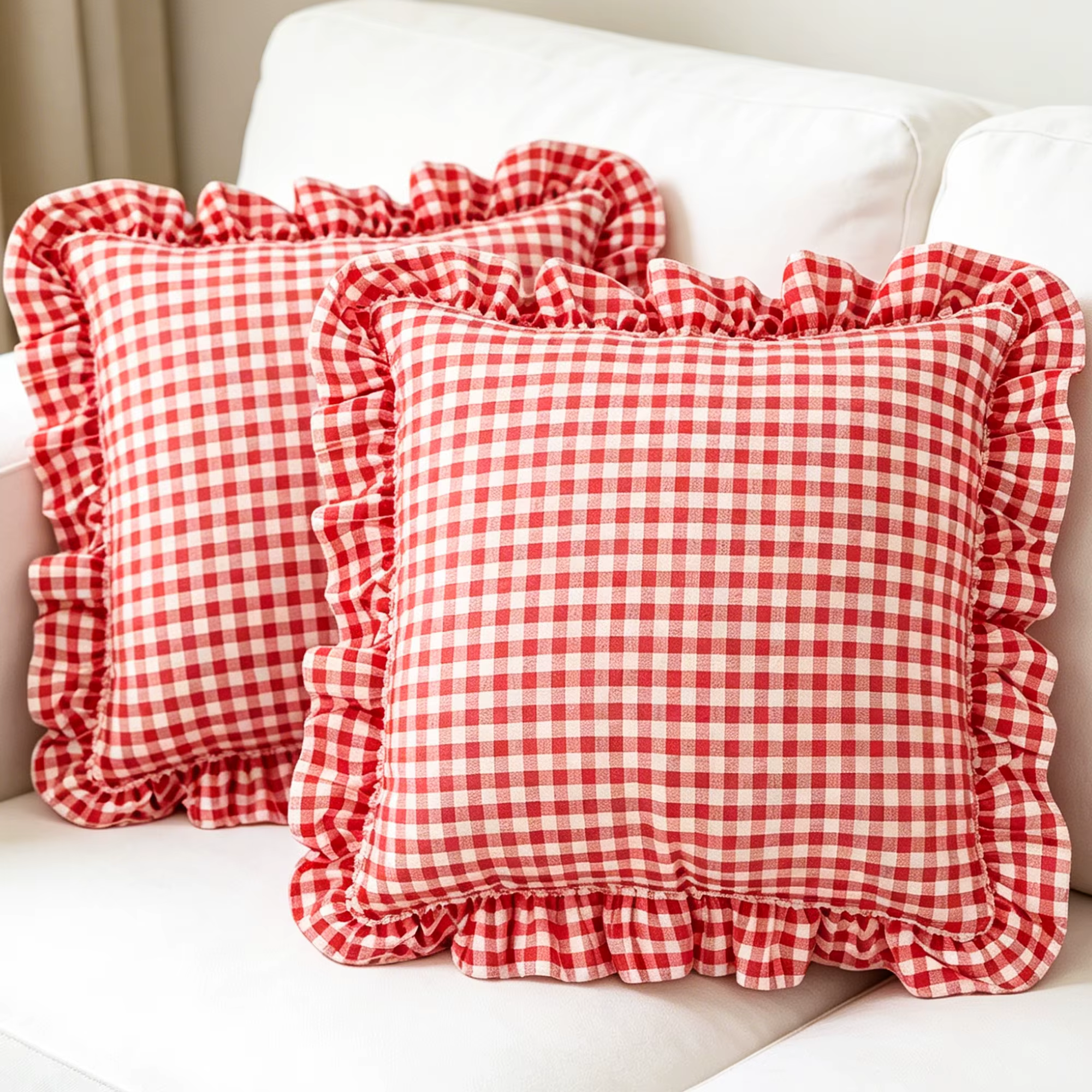 Housse de coussin à carreaux rouges et blancs avec bord festonné
