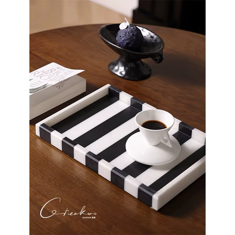 Haut de gamme léger luxe italien noir et blanc rayé marbre entrée salle de bain service à thé Table de rangement plateau affichage