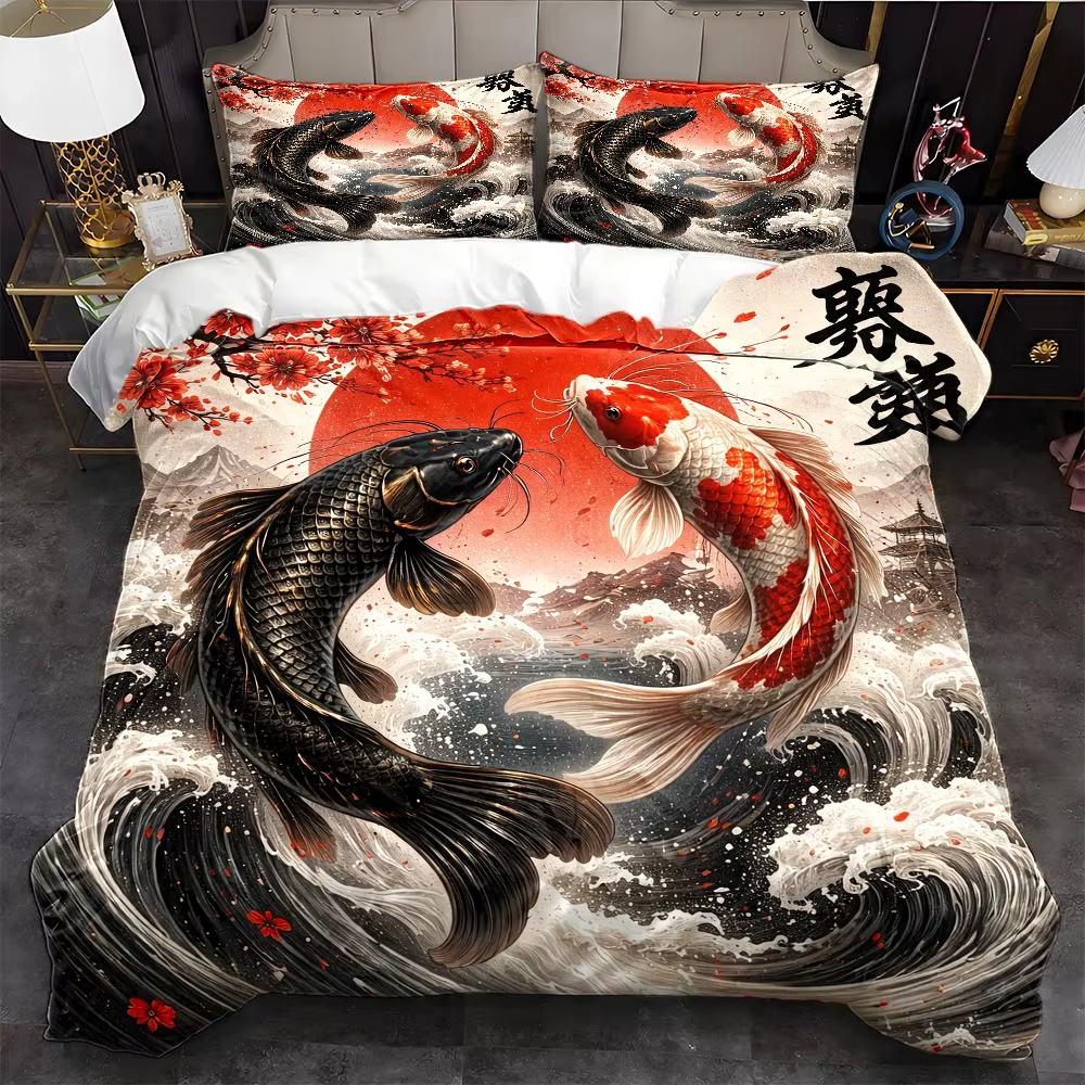 Ensemble de housse de couette à motif vague Koi de style japonais
