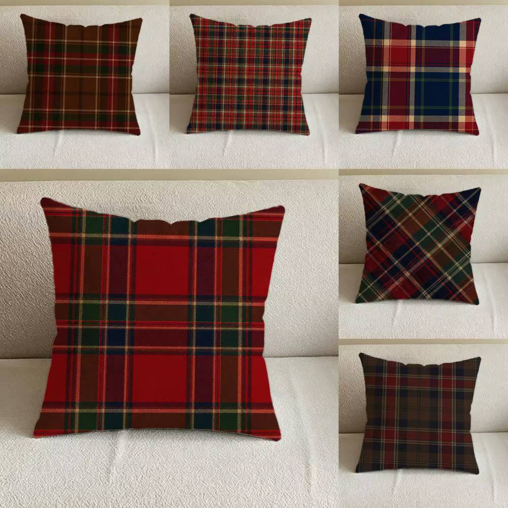 Housse de coussin à motif écossais en lin naturel