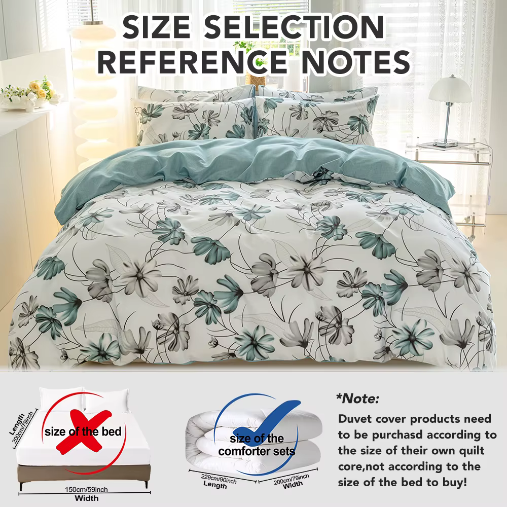Ensemble de 3 housses de couette élégantes à motifs floraux gris turquoise