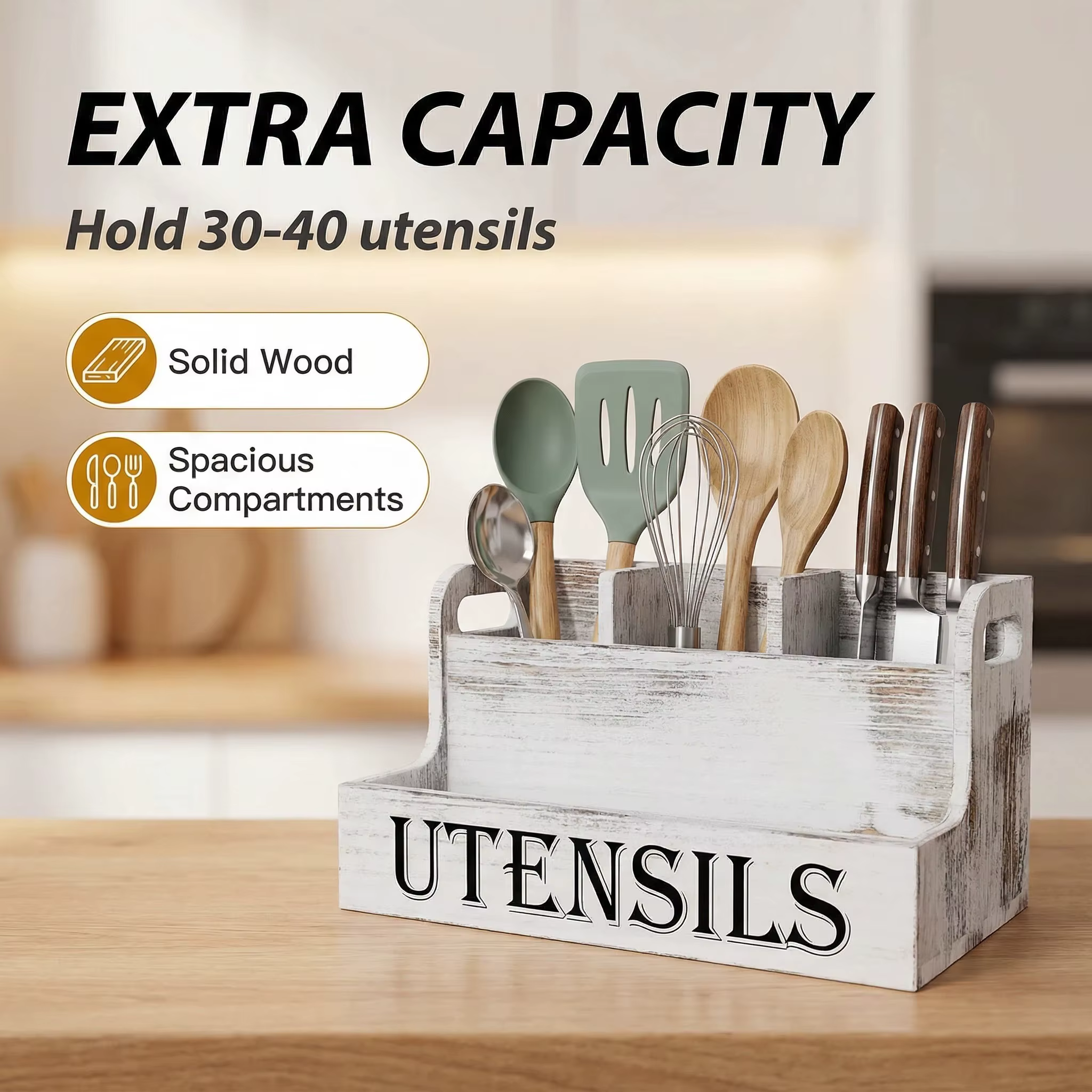 Support à ustensiles de cuisine en bois - Organisateur d'ustensiles
