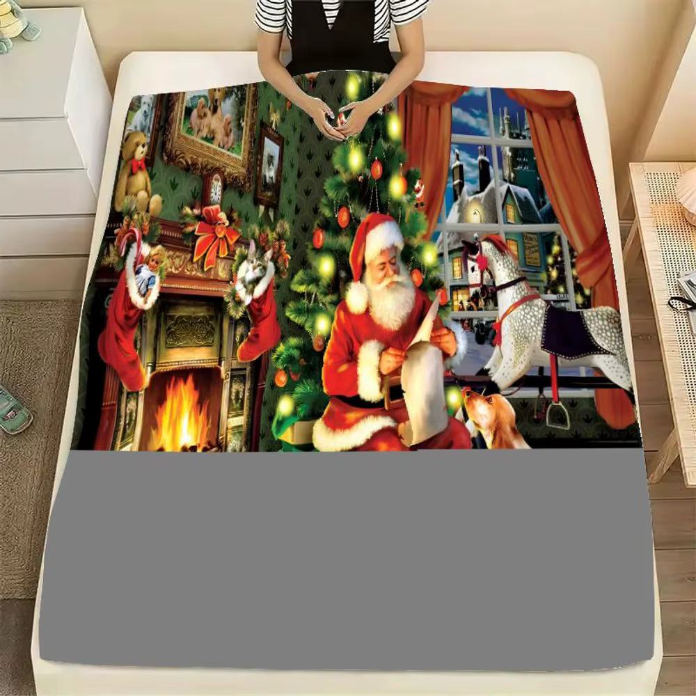 Couverture de scène de Noël confortable – Jeter de vacances rouge et vert chaud avec un père