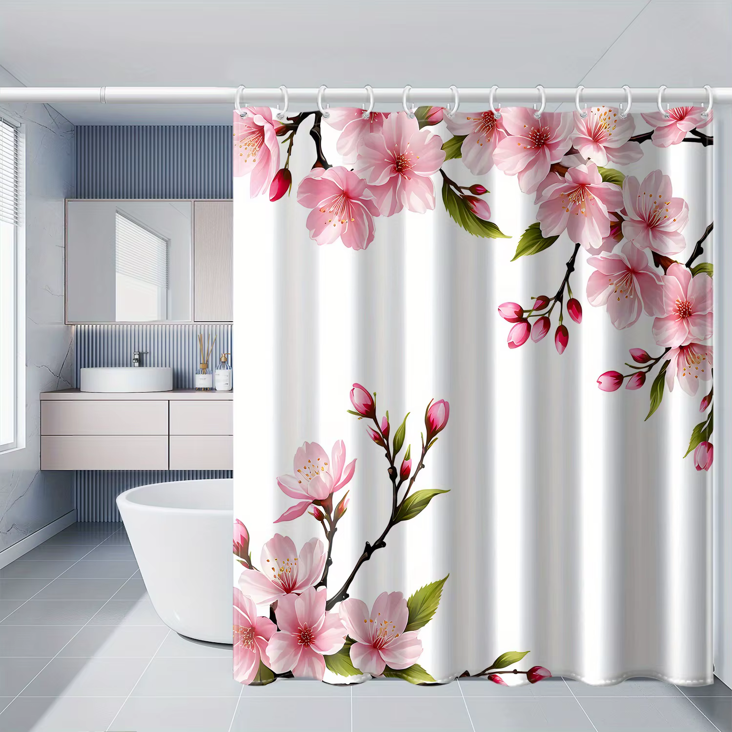 Charmant rideau de douche en fleurs de cerisier rose pour un décor de salle de bain inspiré de la nature