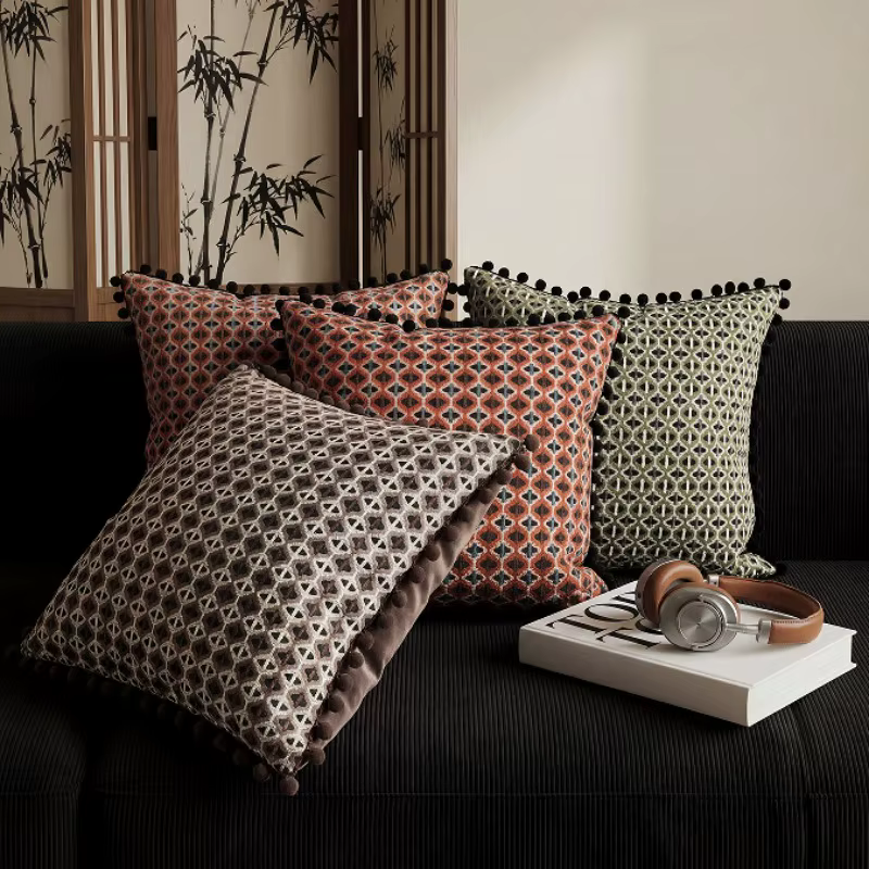 Housse de coussin jacquard géométrique rétro 50x50 cm