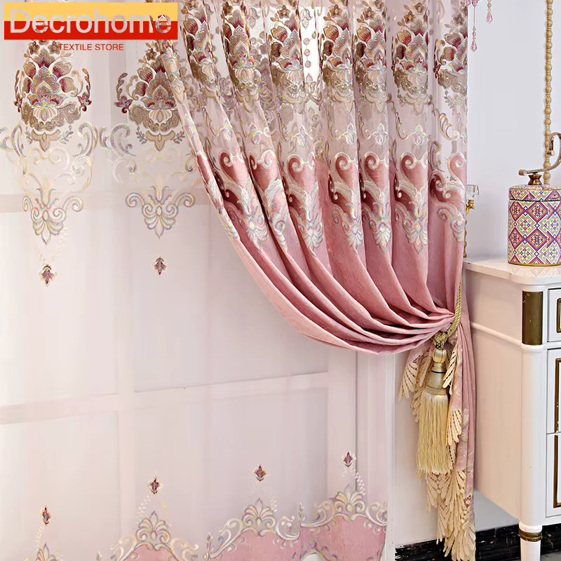 Rideaux de Hall modernes pour salon chambre à coucher lumière luxe minimaliste haut de gamme Chenille broderie rose écran de fenêtre