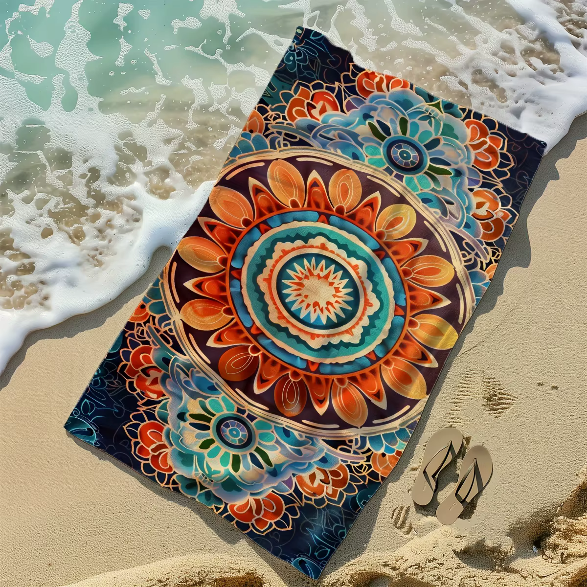 Serviette de plage à motif bohème Mandala Lotus aux couleurs vives