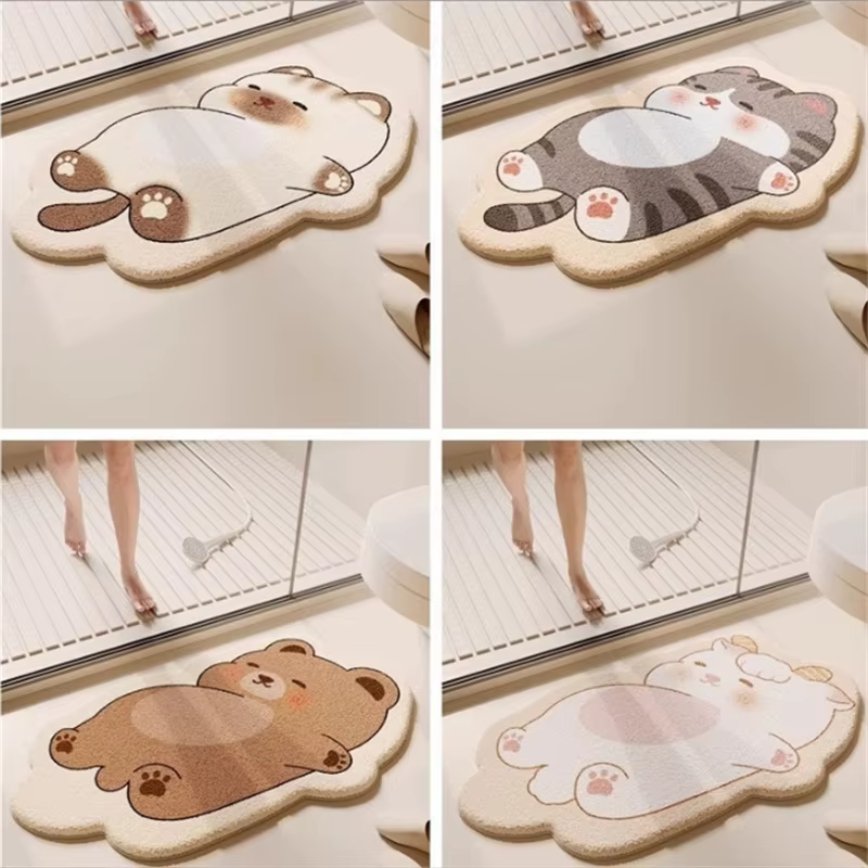 Tapis de sol de salle de bain antidérapant en imitation cachemire motif animaux de dessin animé