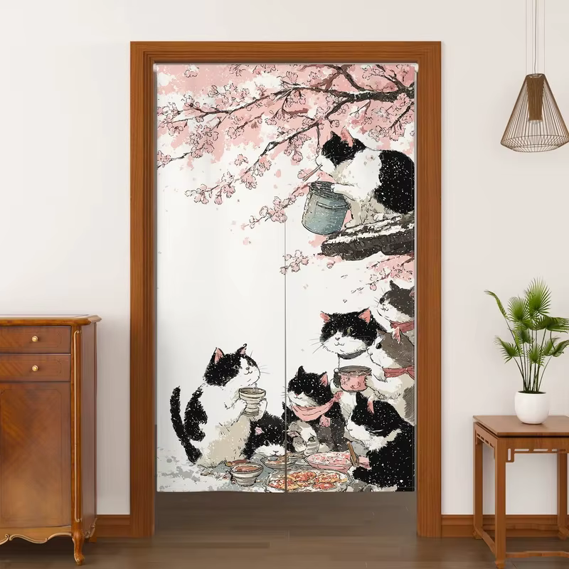 Rideau de porte de style japonais VIKAMA Sakura Cat