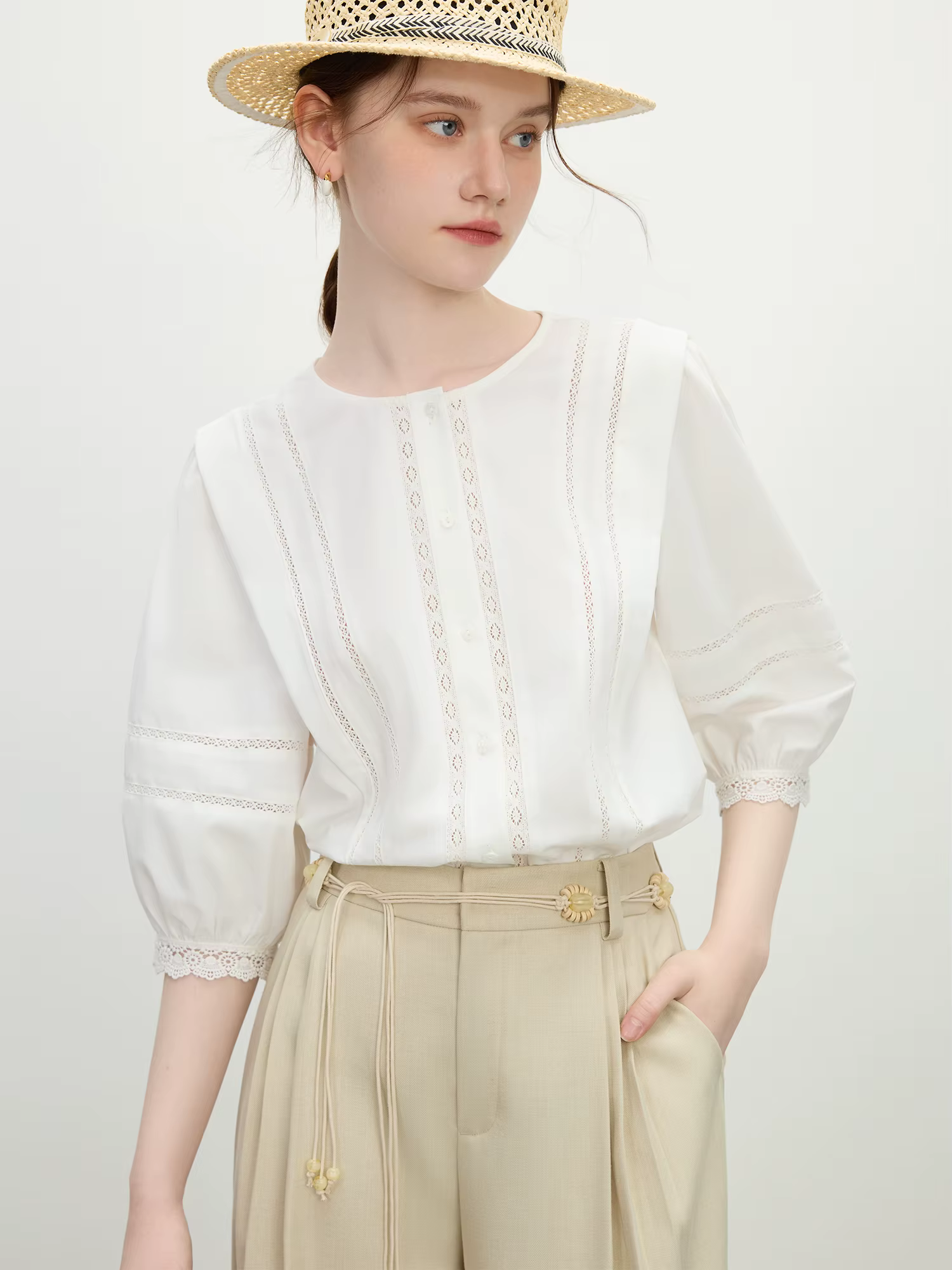 FSLE français dentelle lanterne manches Blouse 2025 été mi-manches respirant Ramie-mélange décontracté à Chic