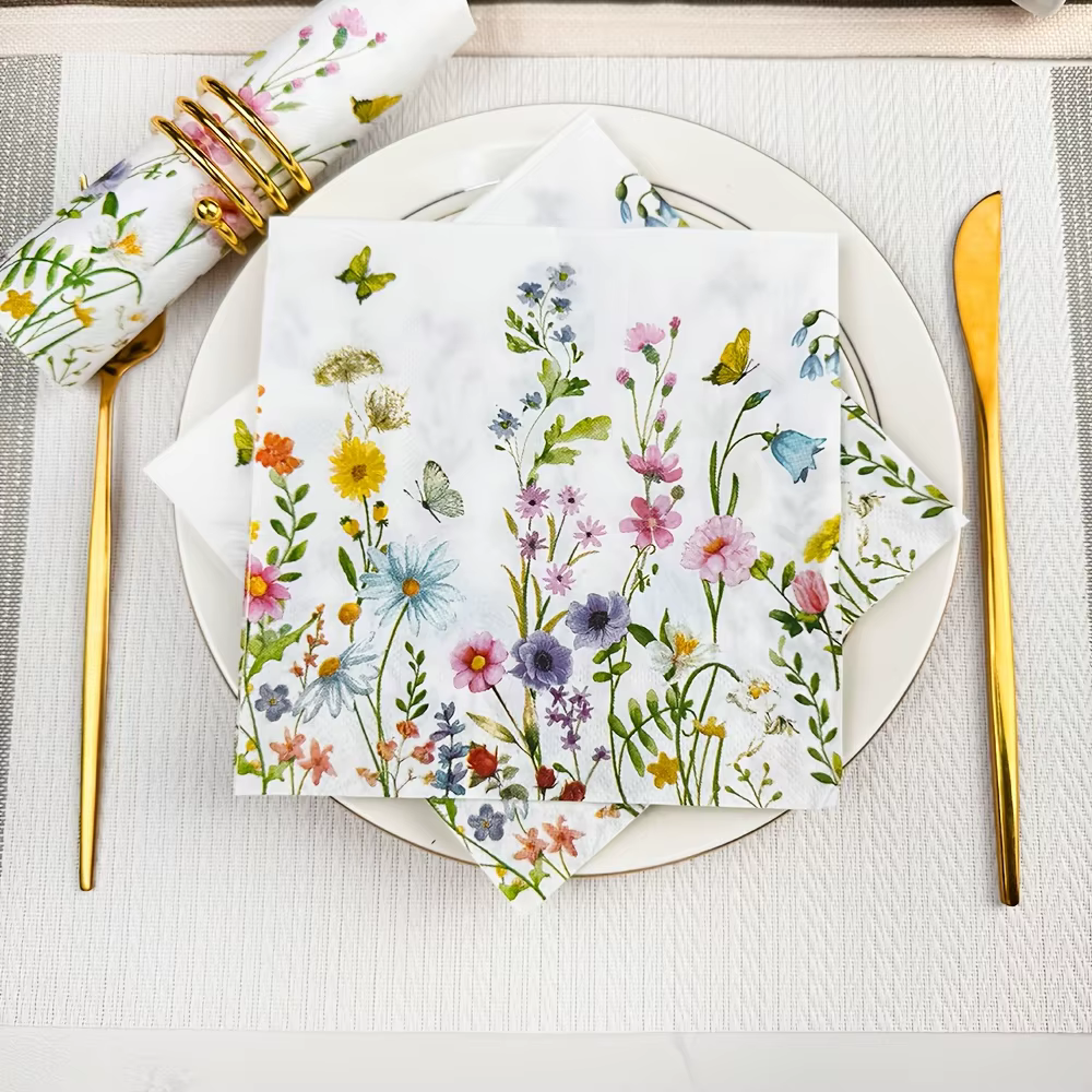 20 serviettes jetables double couche | Motif papillon et fleur
